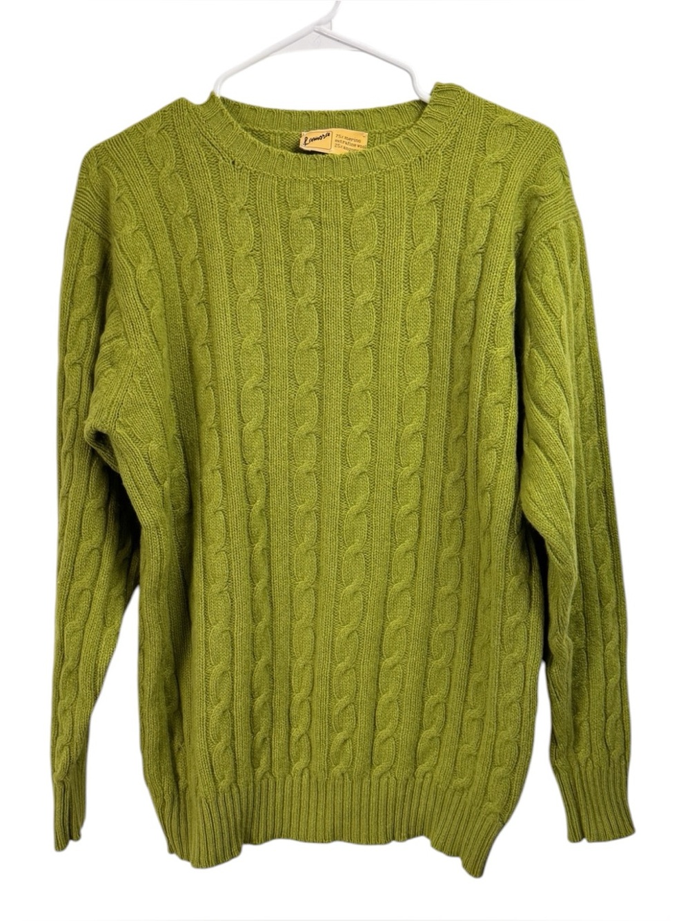 Lamora Merino Wool Angora Cable Knit Sweater Avocado Green Scotland Size Medium